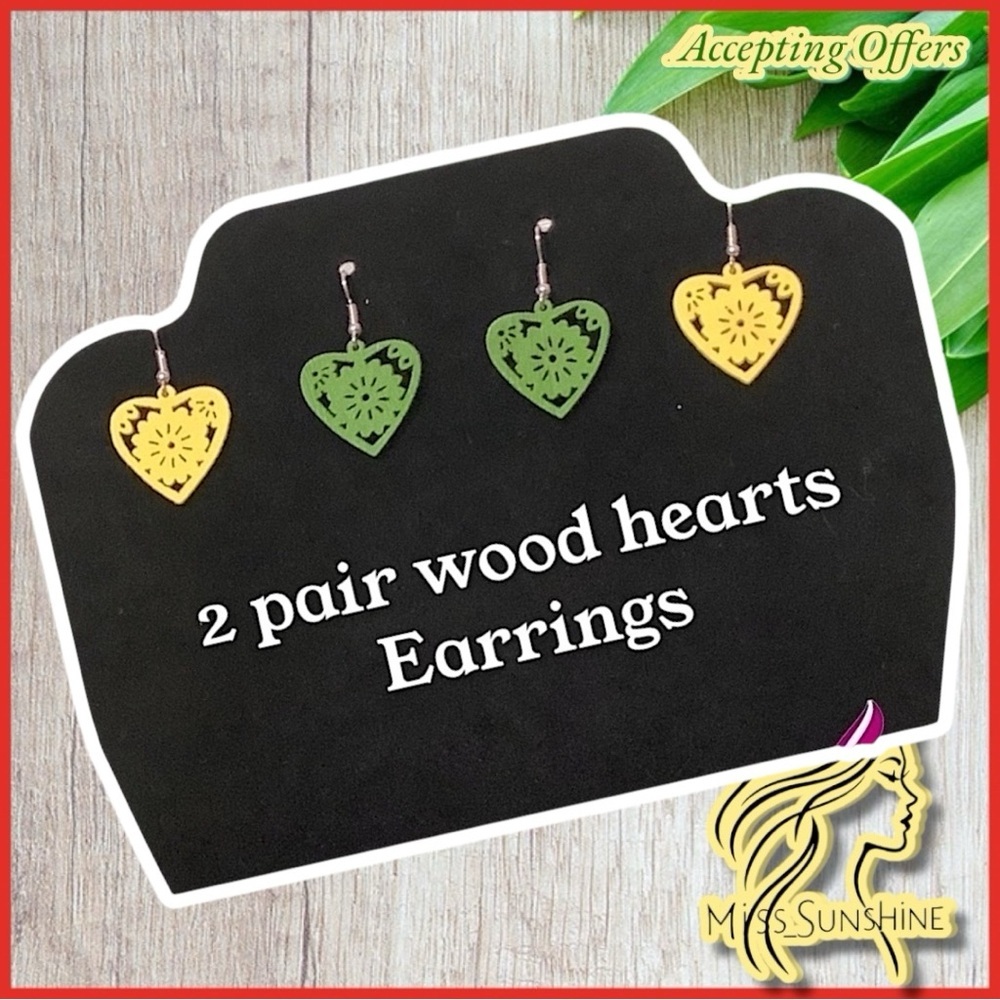 Boutique NEW - 2 pair hook cut out wood earrings - green and yellow